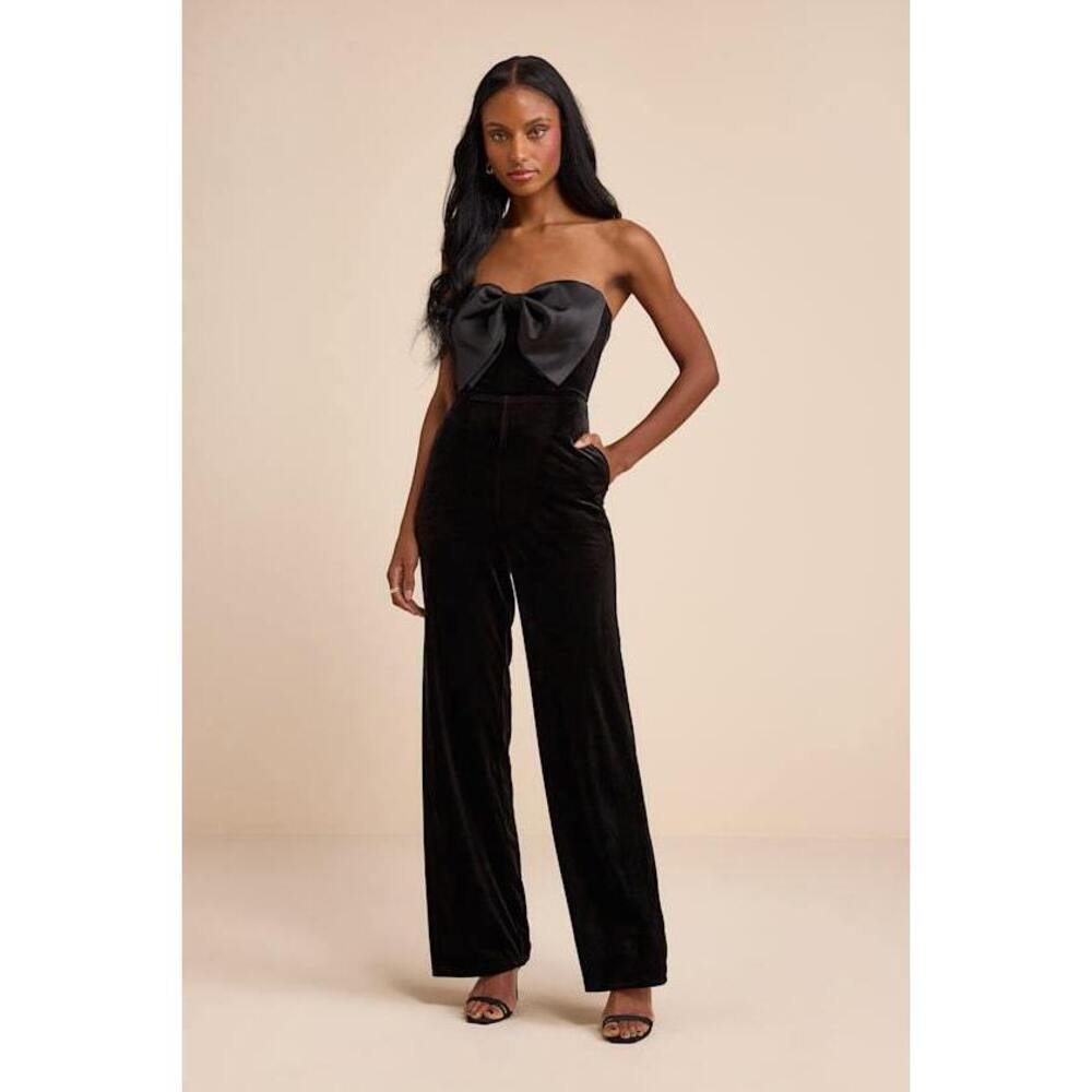 Lulus Prudence Black Velvet Bow Straight Leg Jumpsuit - Size L